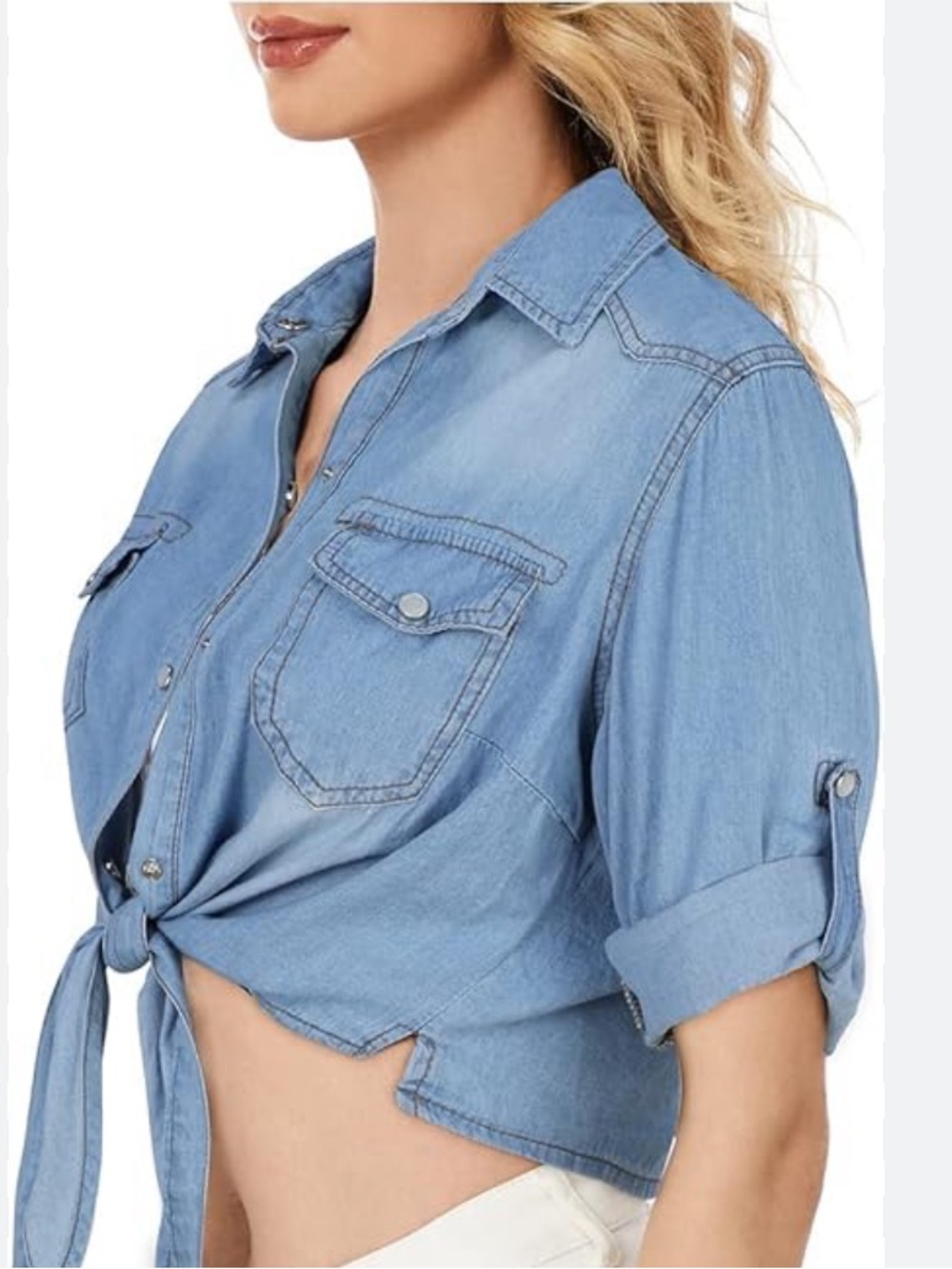 Denim Tie-Front Crop Shirt - Blue
